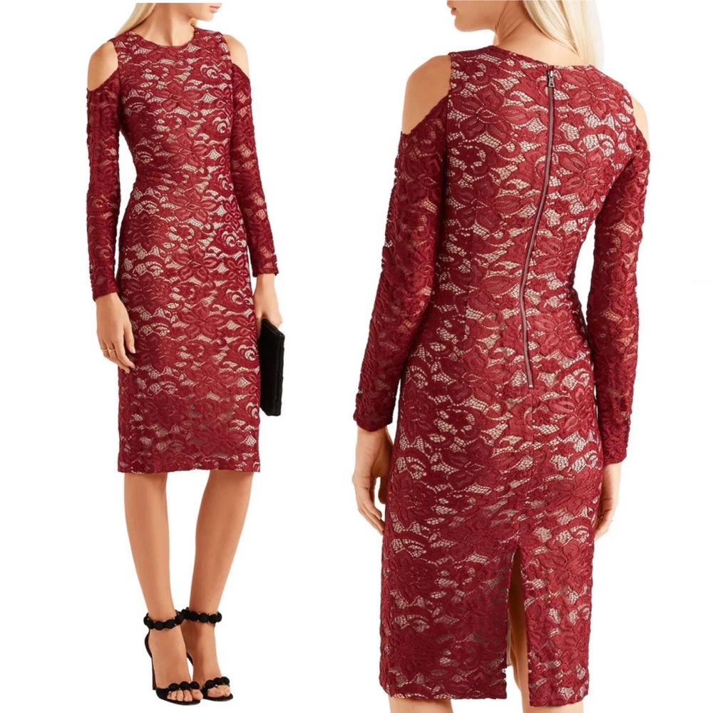NWT ALICE OLIVIA Laila Midi Dress sz 2 Cold Shoulder Velvet Lace Red Burgundy
